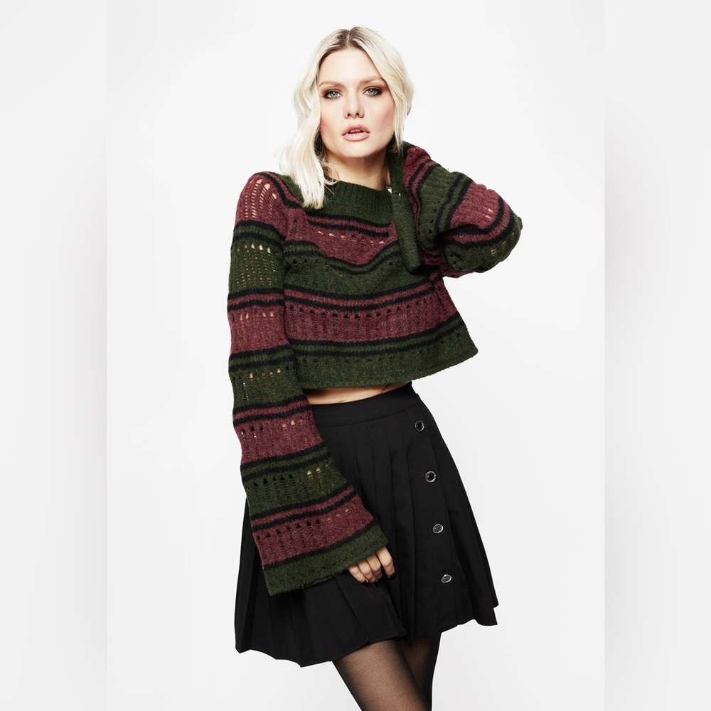 NWT Disturbia Splinter Stripe Knit Flare Sleeve Crop Sweater Size L